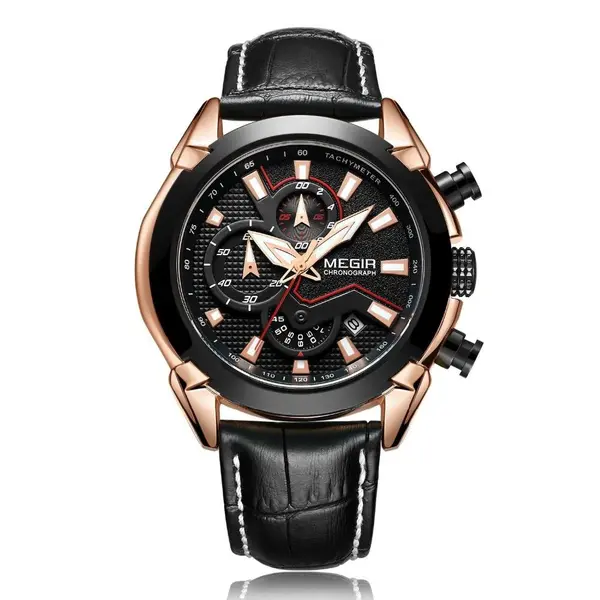 Ceas Megir, rezistent la apa 3Bar, mecanism Quartz, curea din piele neagra, afisaj analogic, calendar complet, stil Fashion + cutie cadou