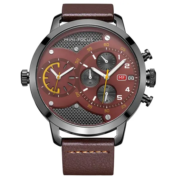 Ceas Mini Focus, rezistent la apa 3Bar, mecanism Quartz, curea din piele maro, afisaj analogic, calendar complet, stil Fashion + cutie cadou