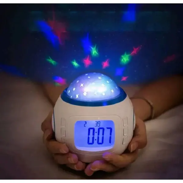 Ceas muzical de birou cu alarma, termometru si calendar, proiectare cu stelute, 10 cm