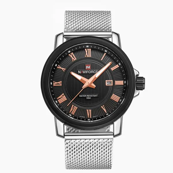 Ceas Naviforce, rezistent la apa 3Bar, mecanism Quartz, curea din otel inoxidabil, afisaj analogic, stil Fashion + cutie cadou
