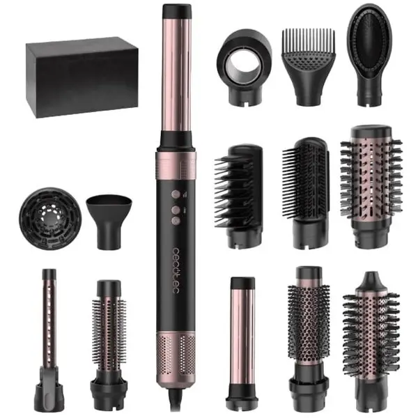 CECOTEC Ondulator Multifunctional Cecotec Bamba CeramicCare 14 in 1 AirGlam, placa de indreptat si ondulator cu tehnologia Coanda, Uscator 110000 rpm, 1400 W, Negru