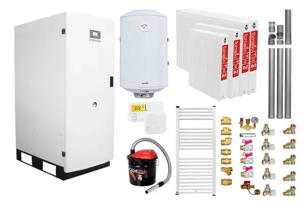 Centrala termica pe peleti Fornello GT 25 Standard, echipata cu pompa circulatie Wilo, vas expansiune, manometru, calorifere, boiler fornello 100 l, kit evacuare 3.5 ml, Termostat Salus 091FLRFV2 si Aspirator Cenusa, fitinguri