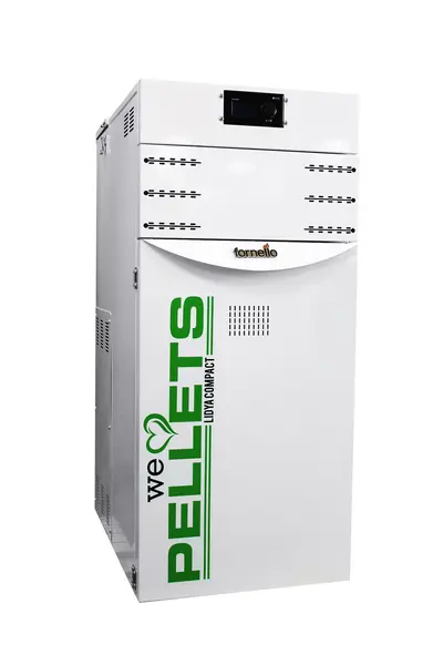 Centrala termica pe peleti Fornello Lidya Compact 25 kw, echipata cu pompa electronica Grundfos, vas expansiune, manometru, aerisitor, supapa, arzator inox, curatare mecanica arzator, curatare mecanica schimbator, A+