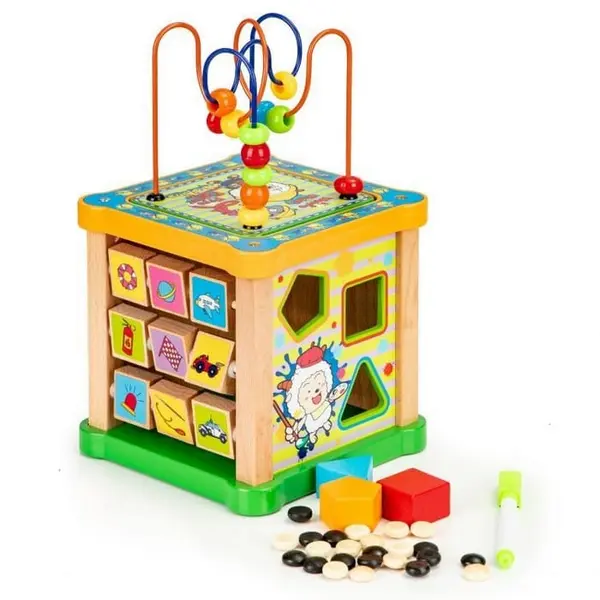 Centru activitati Ecotoys HM015473, lemn, cuburi, tabla desen, multicolor KID970124, la doar 102,00 lei