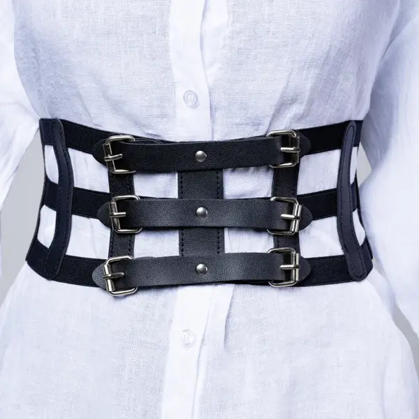 Centura corset lata din piele ecologica cu catarame argintii