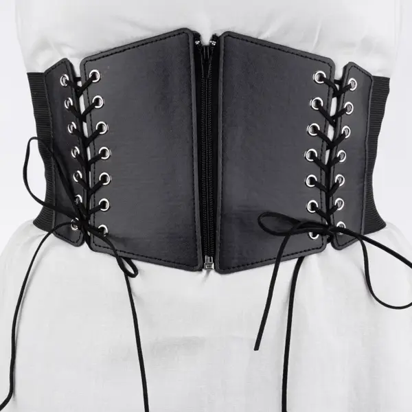 Centura corset lata din piele ecologica cu fermoar si snururi in fata si elastic la spate