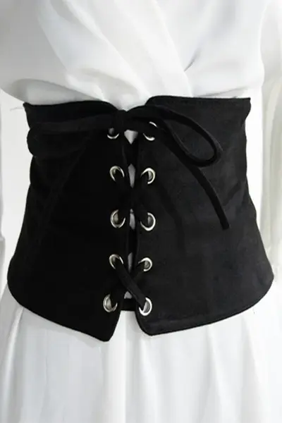 Centura corset Sanda neagra, lata, din piele intoarsa, cu banda elastica si snururi