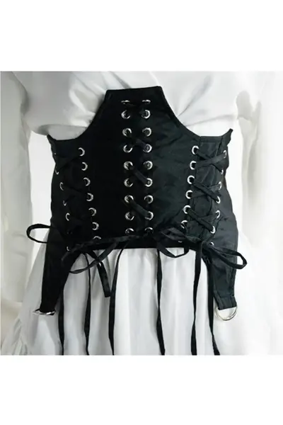 Centura corset Triple neagra, lata, din piele ecologica, cu banda elastica si snururi