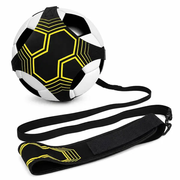 Centura de antrenament fotbal, din material textil, reglabila de la 2 la 5 metri, compatibila cu mingi de marimile 3, 4 si 5, pentru exersarea paselor, suturilor, driblingului si controlului mingii