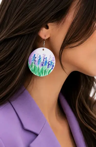 Cercei albi handmade din piele naturala , cu lavanda pictata ,unicat