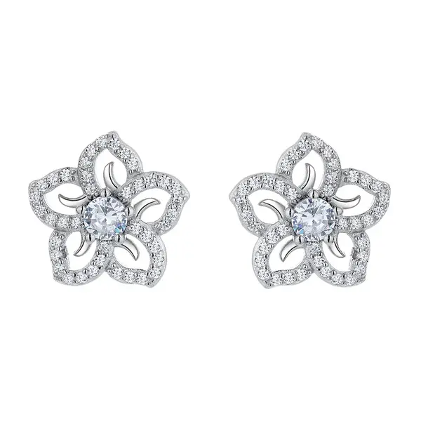 Cercei argint 925, JW806, model floare zirconiu alb, placati cu rodiu