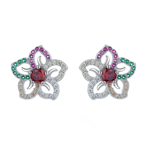 Cercei argint 925, JW807, model floare zirconiu multicolor, placati cu rodiu
