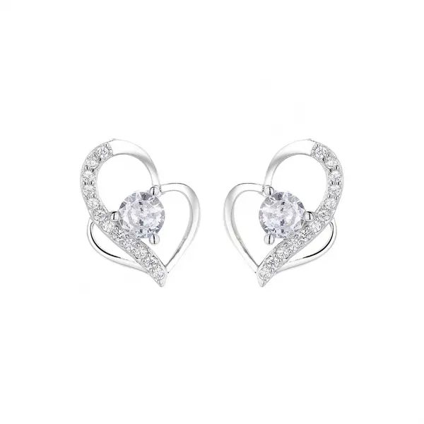 Cercei argint 925, JW840, model inima cu zirconiu alb, placati cu rodiu