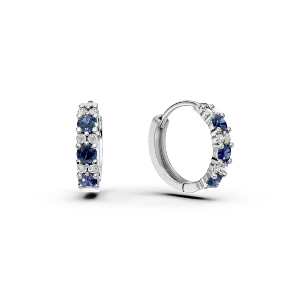 Cercei creole din aur alb cu safire de 0.4ct si diamante de 0.09ct