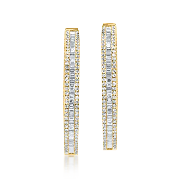 Cercei creole din aur galben cu diamante baguette si round de 3.8ct