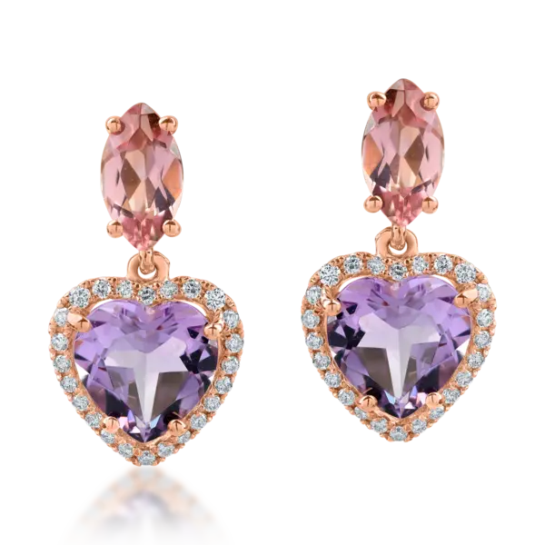 Cercei cu inimioare din aur roz cu pietre pretioase si semipretioase de 3.4ct