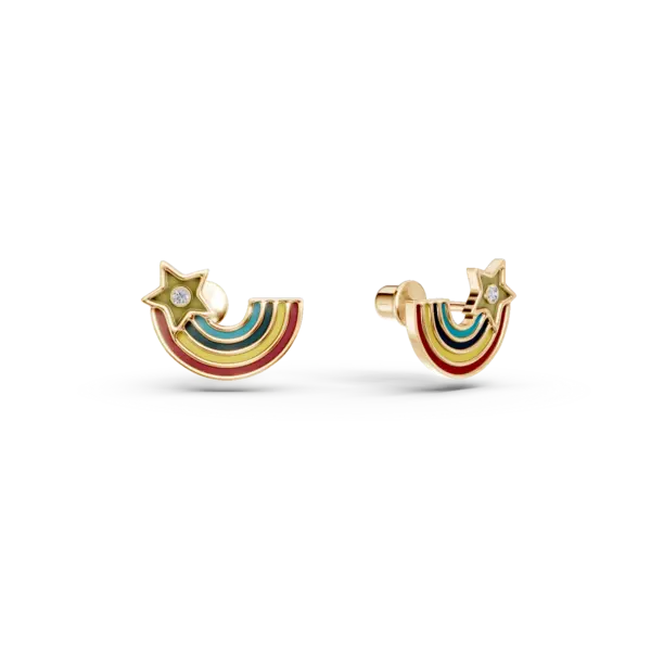 Cercei curcubeu din aur galben cu diamante de 0.05ct si insertii multicolore pentru copii