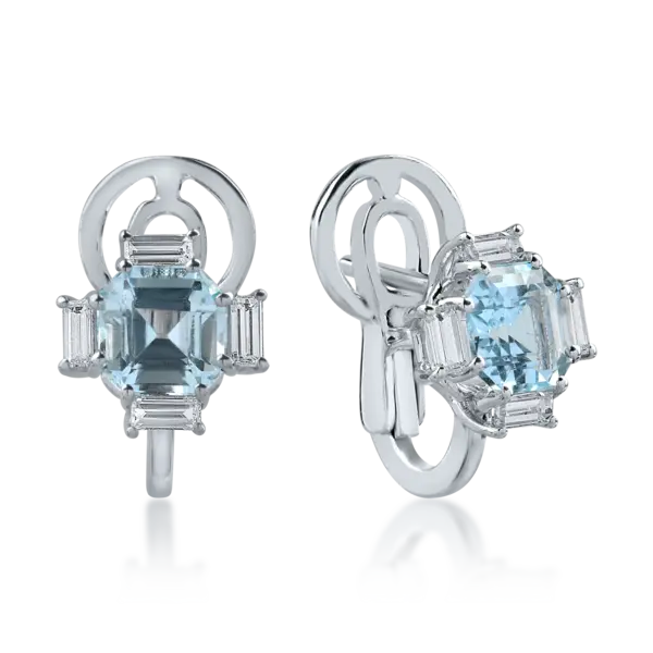 Cercei din aur alb cu acvamarine octogonale de 1.73ct si diamante baguette de 0.42ct