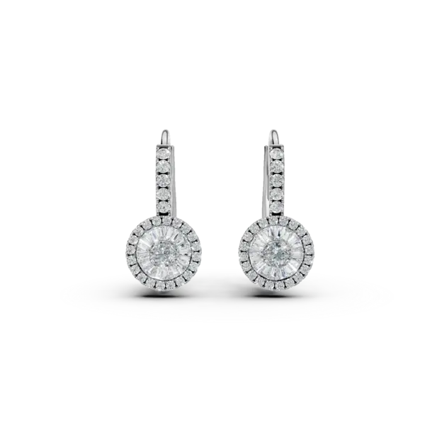 Cercei din aur alb cu diamante baguette si rotunde de 0.5ct