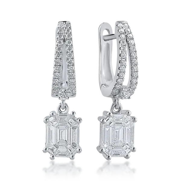 Cercei din aur alb cu diamante baguette si rotunde de 0.97ct