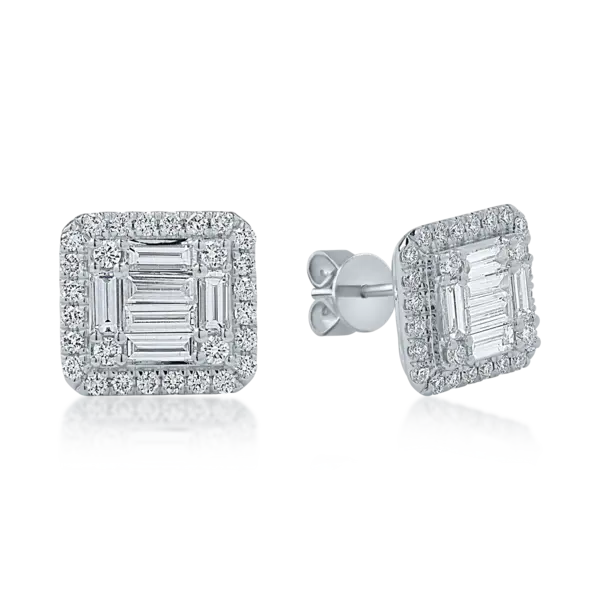 Cercei din aur alb cu diamante baguette si rotunde de 1.38ct