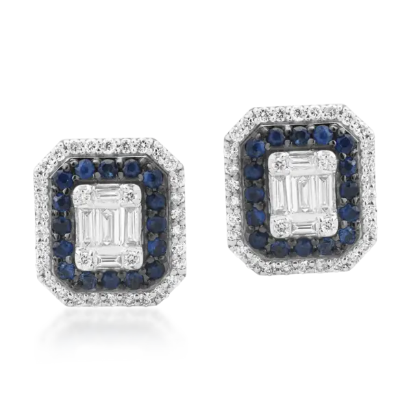 Cercei din aur alb cu diamante baguette si rotunde de 1ct si safire de 0.4ct