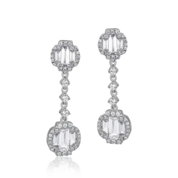 Cercei din aur alb cu diamante baguette si round de 1.36ct