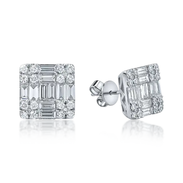 Cercei din aur alb cu diamante baguette si round de 2.2ct