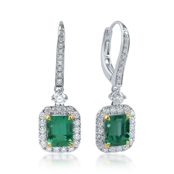 Cercei din aur alb cu diamante de 0.72ct si smaralde de 1.64ct
