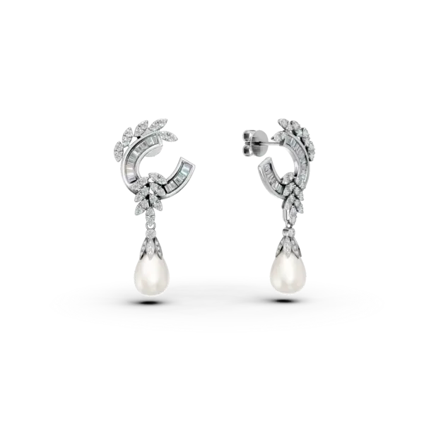 Cercei din aur alb cu diamante de 0.9ct si perle de cultura