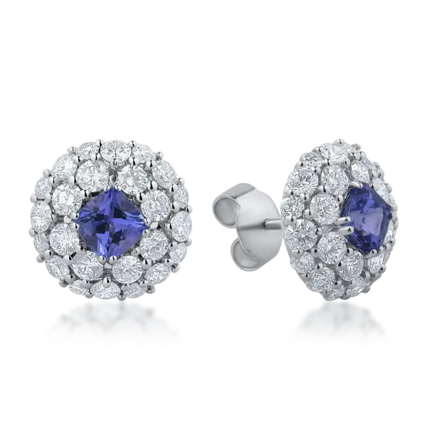 Cercei din aur alb cu diamante de 2.82ct si tanzanite cushion brilliant de 1.46ct