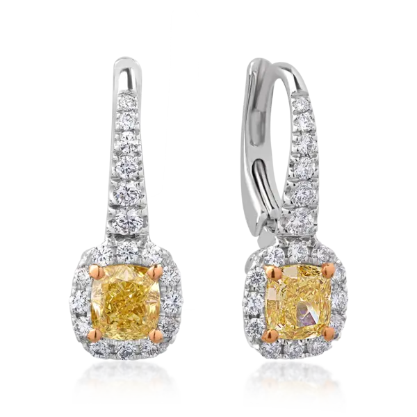 Cercei din aur alb cu diamante fancy-galbene radiant de 1.19ct si diamante incolore round de 0.52ct