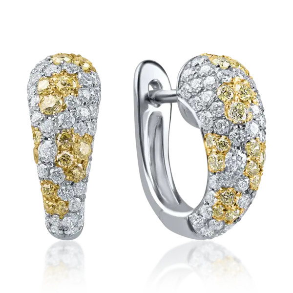 Cercei din aur alb cu diamante galbene baguette si incolore rotunde de 1.55ct