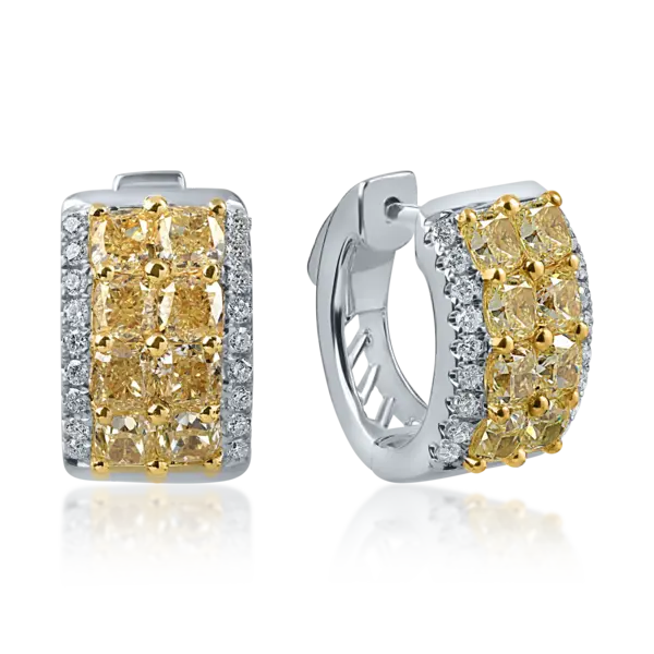 Cercei din aur alb cu diamante galbene cushion si incolore round de 3.5ct