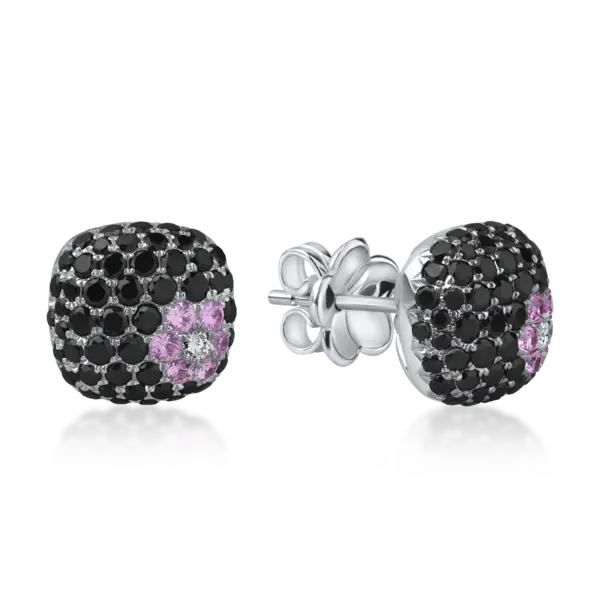 Cercei din aur alb cu diamante negre si incolore de 1.6ct si safire roz de 0.2ct