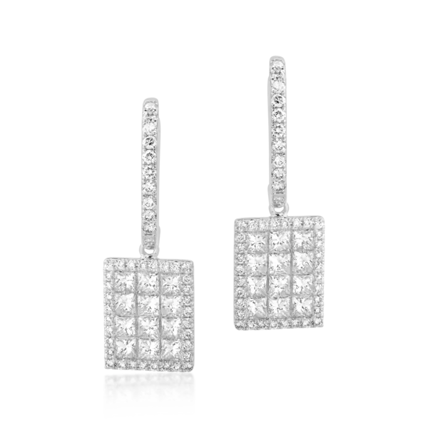 Cercei din aur alb cu diamante princess si rotunde de 1.39ct