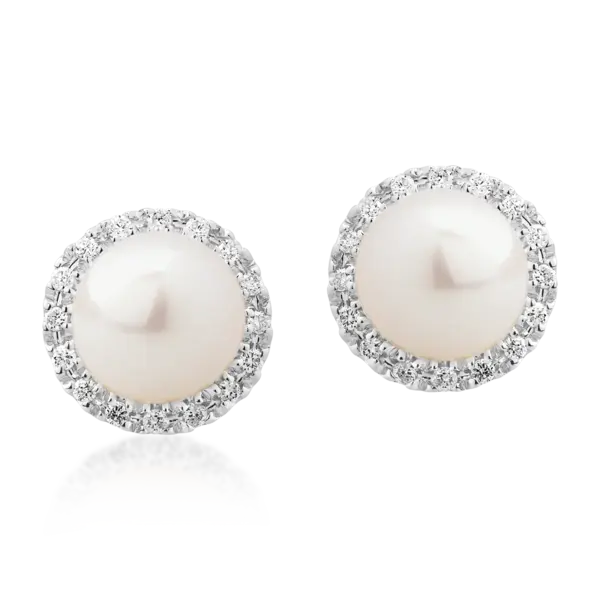 Cercei din aur alb cu perle de apa dulce de 2ct si diamante de 0.119ct