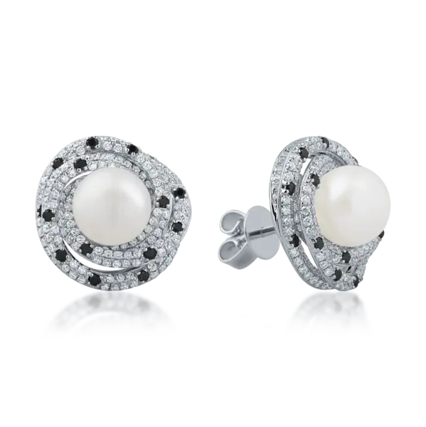 Cercei din aur alb cu perle de cultura de 1.9ct si diamante de 1.1ct