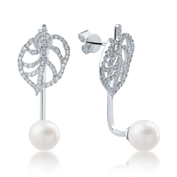 Cercei din aur alb cu perle de cultura de 7.5ct si diamante de 0.6ct