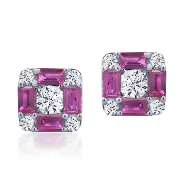 Cercei din aur alb cu rubine baguette de 0.94ct si diamante rotunde de 0.38ct