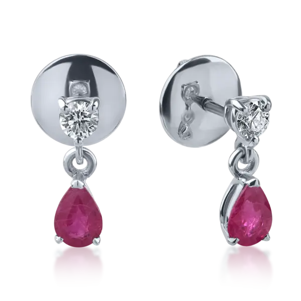 Cercei din aur alb cu rubine pear de 0.8ct si diamante de 0.2ct