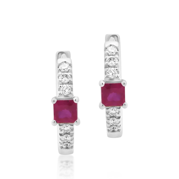 Cercei din aur alb cu rubine princess de 0.14ct si diamante de 0.06ct