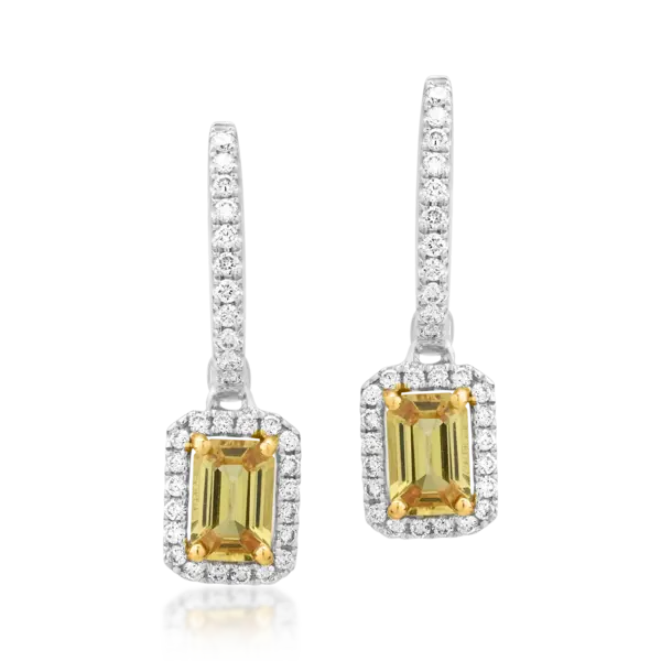 Cercei din aur alb cu safire galbene emerald de 1.4ct si diamante de 0.37ct