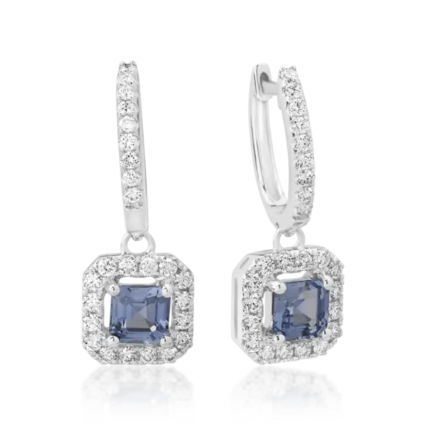 Cercei din aur alb cu safire octogonale de 1ct si diamante de 0.5ct