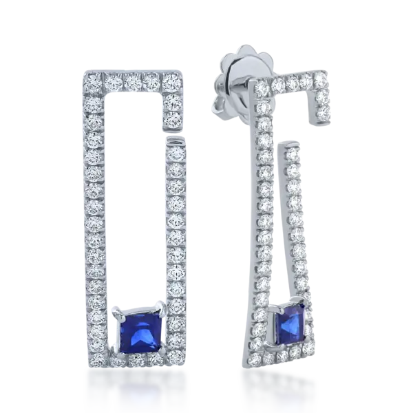 Cercei din aur alb cu safire princess de 0.55ct si diamante de 0.8ct