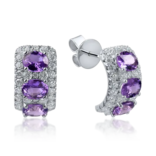 Cercei din aur alb cu safire violet ovale de 2.66ct si diamante de 1.08ct