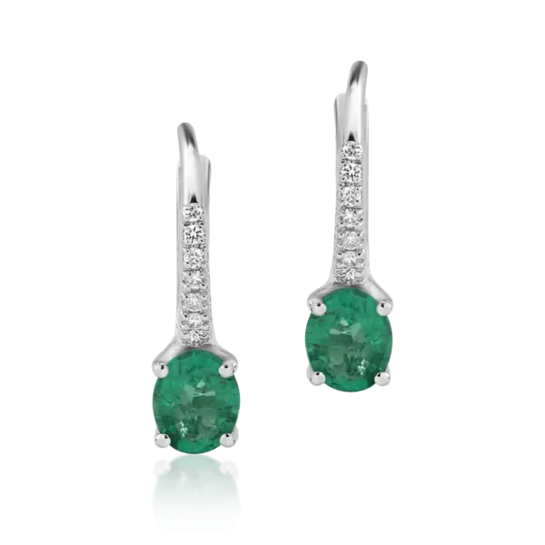 Cercei din aur alb cu smaralde ovale de 0.52ct si diamante de 0.06ct
