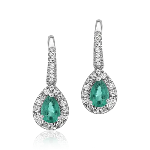 Cercei din aur alb cu smaralde pear de 0.71ct si diamante de 0.36ct