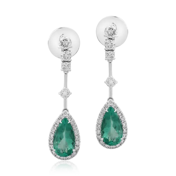 Cercei din aur alb cu smaralde pear de 3.51ct si diamante round de 1.34ct