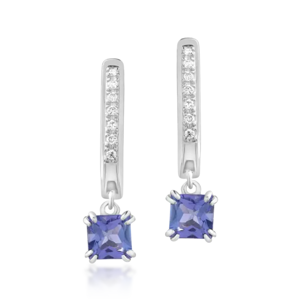 Cercei din aur alb cu tanzanite princess de 0.775ct si diamante de 0.05ct